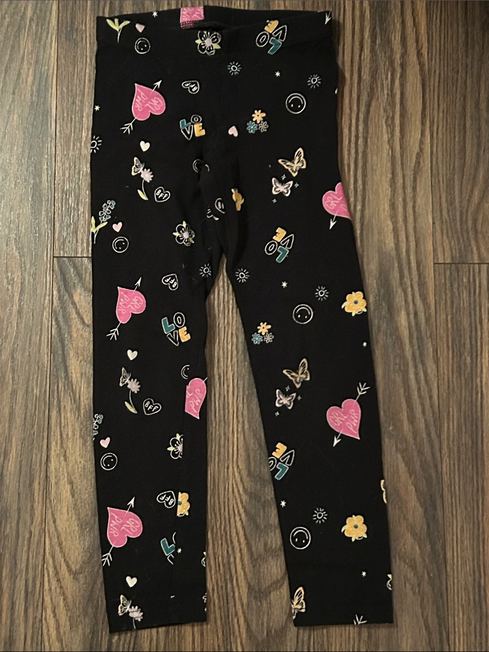 Kids Black Leggings with Pink Heart & Multicolor Prints